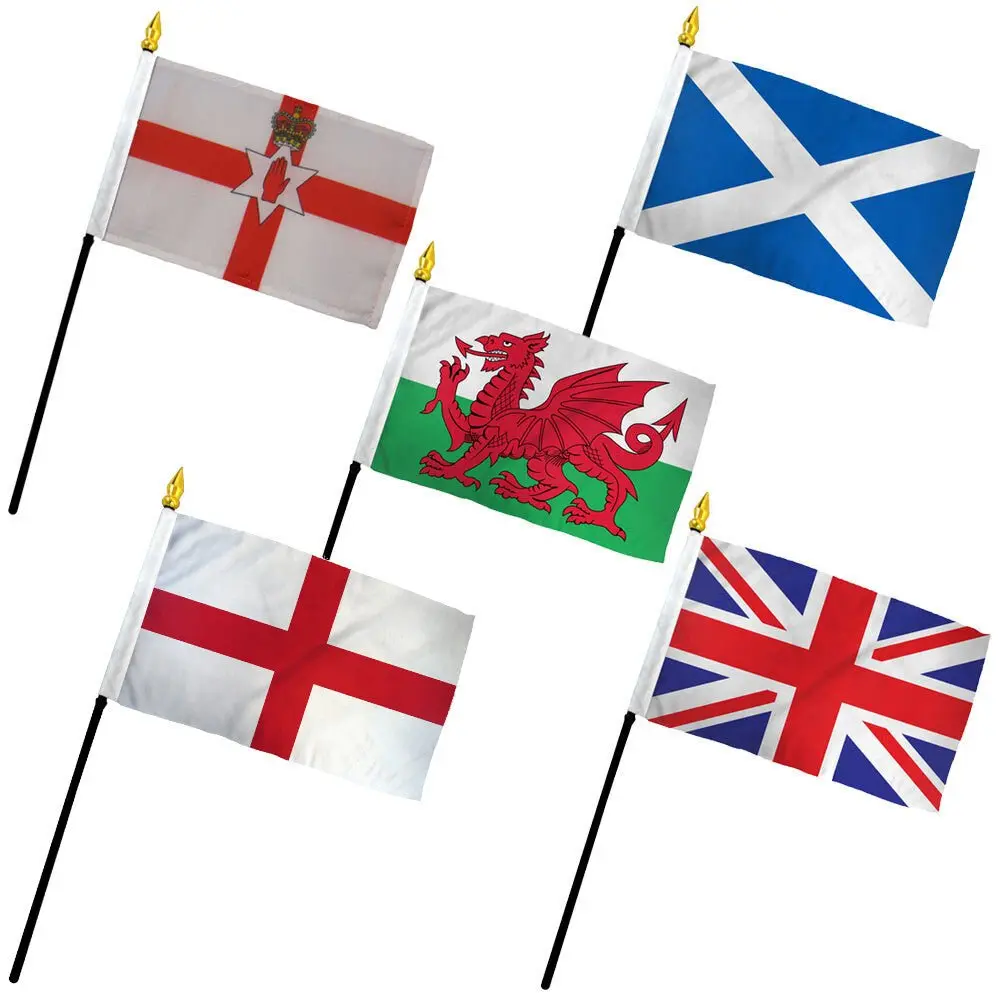UK Country Polyester Stick Flags Set - 5-Piece Set with Scotland, England, Wales, Northern Ireland, United Kingdom Flags, 4x6 in, Plastic Sticks, for Home & Festive Party Backdrops, Scotland Flag, England Flag