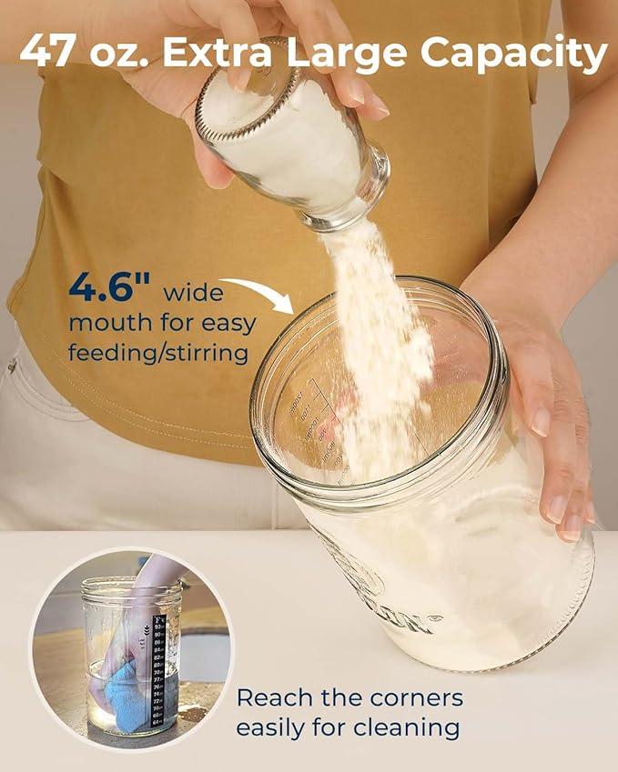 Sourdough Starter Jar Kit - 47 oz Large Wide Mouth Bread Starter Jar with Feeding Tracking Band, Silicone Spatula, Sourdough Bread Baking Supplies