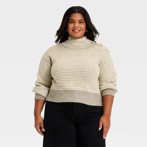 Women's Long Sleeve Mock Turtleneck Button Pullover Sweater - Universal Thread Taupe Striped 3X