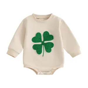 REDWOON Baby Boy Girl St Patricks Day Outfit Clover Embroidery Sweatshirt Bubble Romper Oversized Long Sleeve Bodysuit
