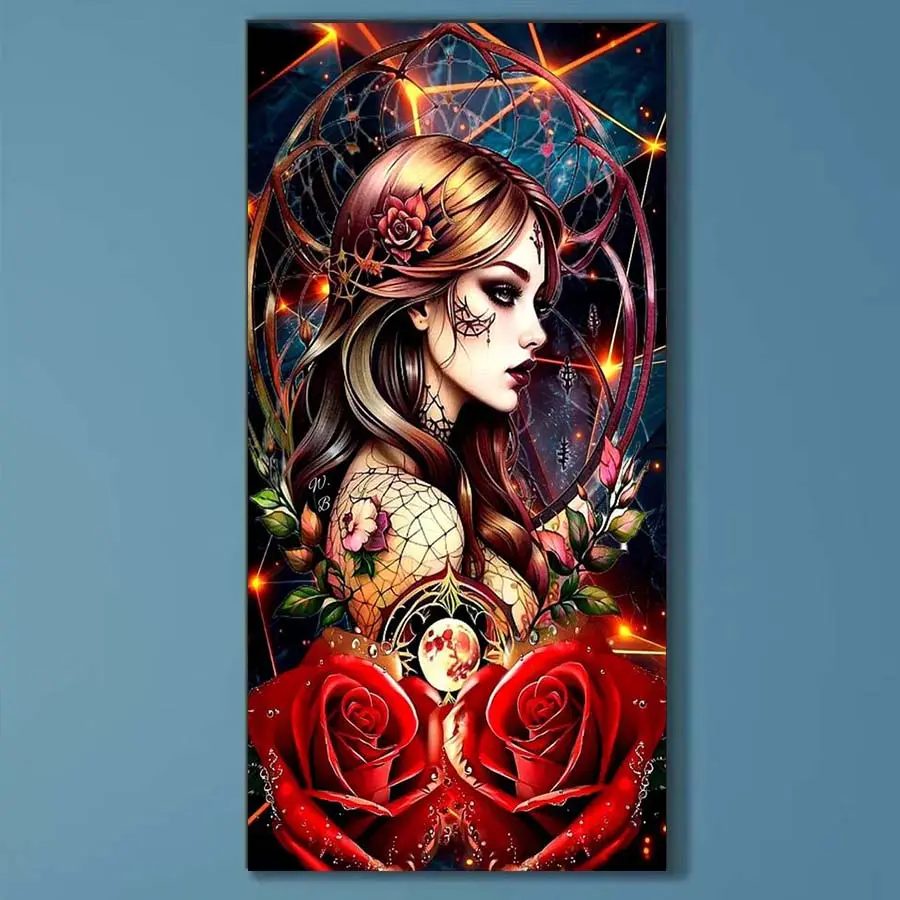 5D DIY Full Drill Round Diamond Painting - Diamond Art Painting Kit Red Rose, Wreath, Tattoo. Mosaic, Canvas - DIY Decorative Painting, Home Wall Decor, Suitable for Halloween and Christmas, Birthday and Anniversary Gifts, Diamond Painting Kits