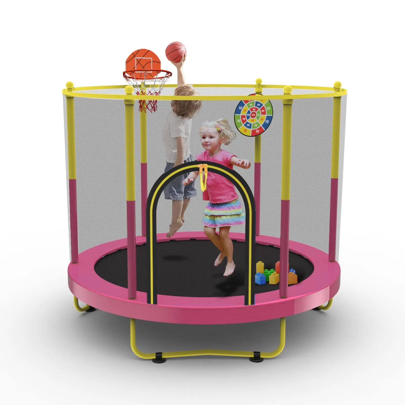 60" Trampoline for Kids with Net,6 FT Indoor & Outdoor Small Toddler Trampoline with Basketball Hoop & Dart Board for Ages 1-8