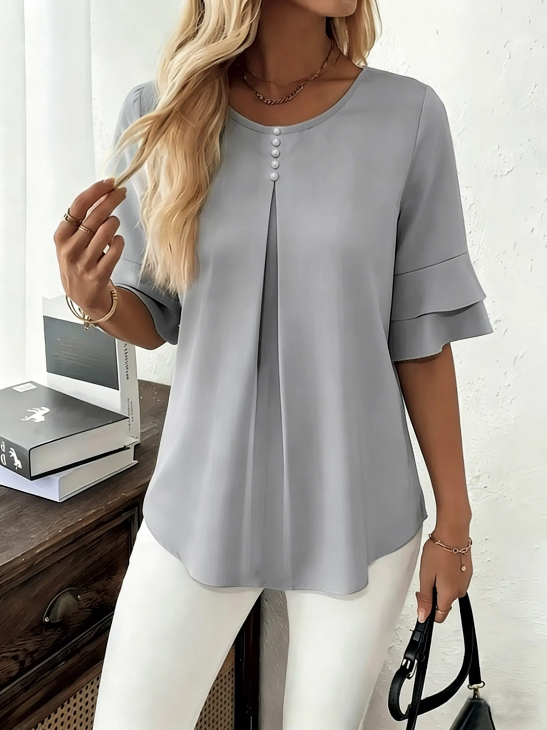 Women's Polyester Fabric Lady Blouse - Elegant Summer Loose Solid Color Round Neck Button-Down, Flared Sleeves, Ruffled Tops, Buckle Accent, Coat-Ready Nursing Clothes with Elegance Touch