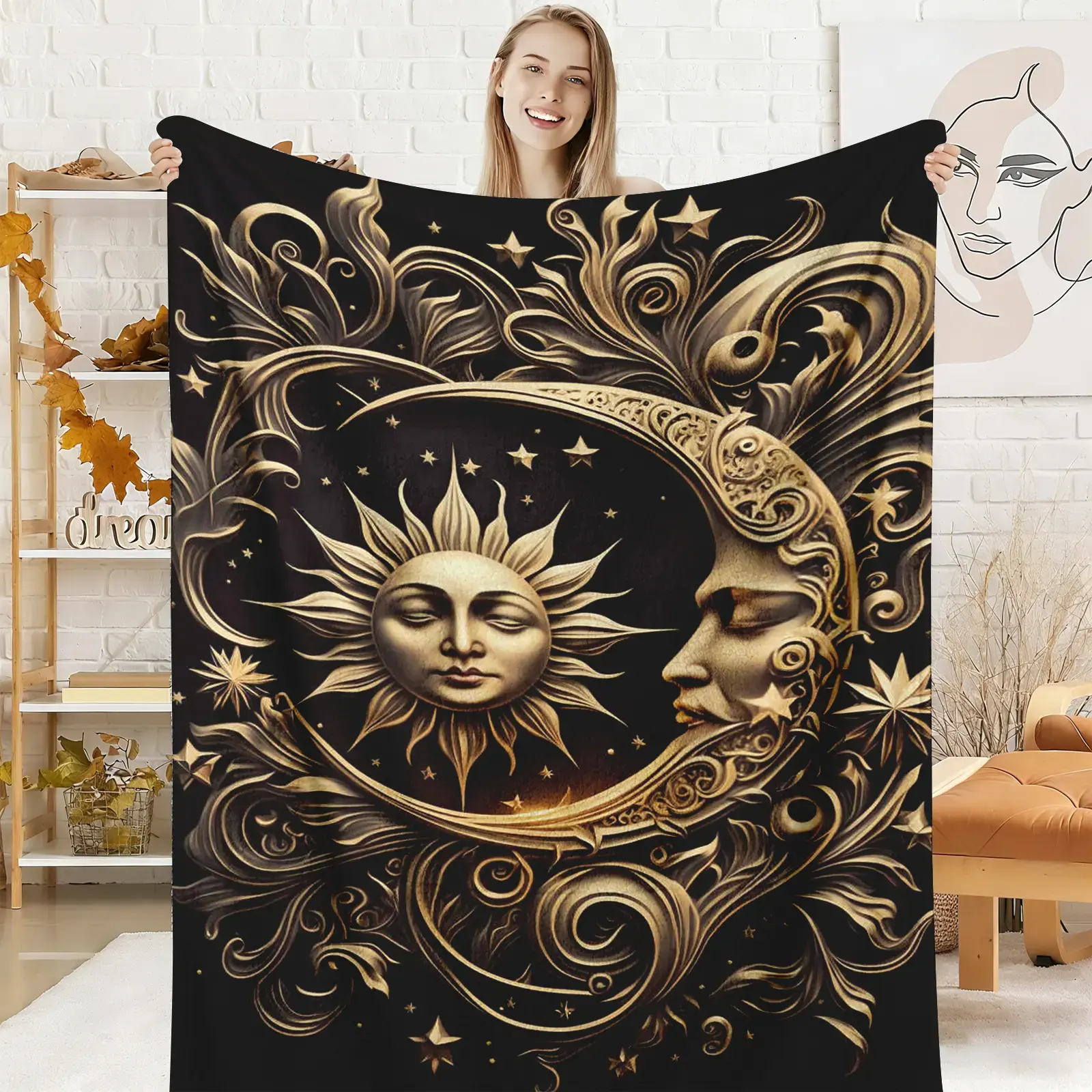 Vintage Golden Sun & Moon Celestial Print Flannel Throw Blanket - Ultra-Soft Plush, Breathable Fleece, Multi-Size, Cozy Warm for Couch & Bedroom, Ideal Astrology Decor & Gift for Celestial Lovers, All-Seasons Use, Blankets for Bedroom, Throw Blankets