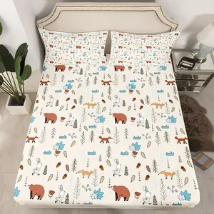 Kids Bear Fox Fitted Sheet Cartoon Rabbit Pine Trees Bedding Set Jungle Adventure Hunt Animals Bed Sheet Room Decor Rustic Beige Deep Pocket Sheet