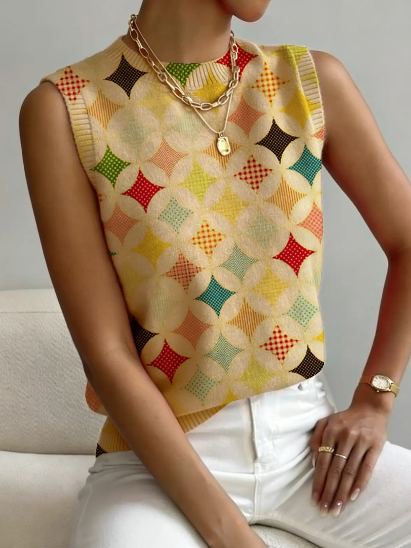 Women's Geometric Pattern Color Block Mock Neck Fitted Statement Sweater, Short Elegant Sleeveless Knit Top for Spring, Fall and Winter, Cozy Fashionable Casualwear for All Seasons, Womenswear, Casual Sleeveless Tops