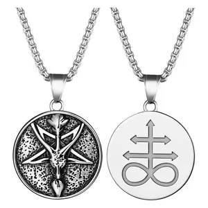 OIDEA Men's Vintage Gothic Chain Link Fashion Necklace - Double-Sided Stainless Steel Inverted Star Baphomet Goat Head Skull Pendant Goth Amulet Costume Jewelry, Inverted Goth Necklaces,summerwins