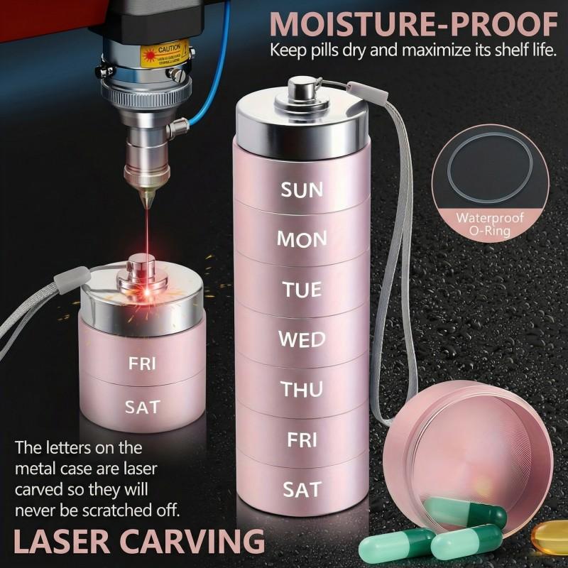 2026 Version Metal Travel Pill Organizer Portable 7-Day Vitamin Organizer Stackable Waterproof Moisture Proof Large Pill Container, Daily Medicine Organizer forVitamin, Fish Oil, Supplement Healthcare Aid