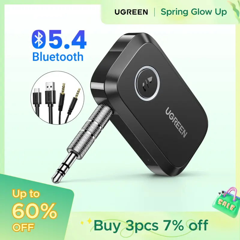UGREEN 5.4 Aux Bluetooth Adapter for Car, Wireless FM Transmitter, 3.5mm aux Audio Receiver for Home Stereo/Wired Speaker, 15H Battery Life Car Accessories, Bluetoothtransmitter, Automotive,TikTokShopSpringGlowUp,Greenish