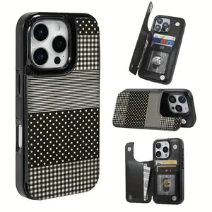 Phone Case: Black and White Patchwork Fabric Patterned, The Practical TPU Phone Case with Pattern Design Features a Card Slot and Multiple Functions Such as Bank Cards and Public Transportation Cards. It Is Suitable for IPhone16promax, 16 15pro