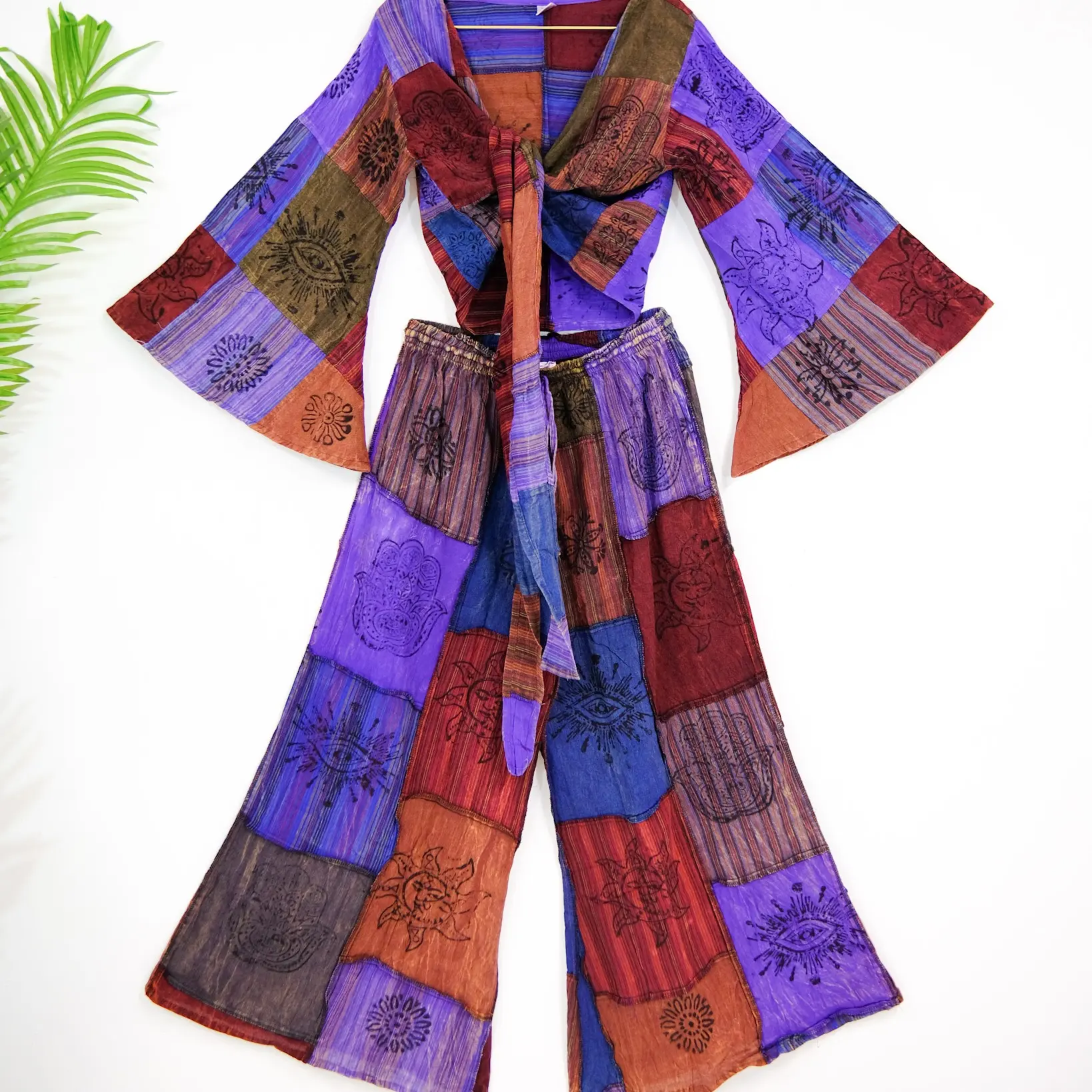 Patchwork Cotton Palazzo Handmade Boho Style Pants and Bell Sleeve Tie Top Set Patchwork Cotton Palazzo Handmade Boho Style Pants and Bell Sleeve Tie Top Set