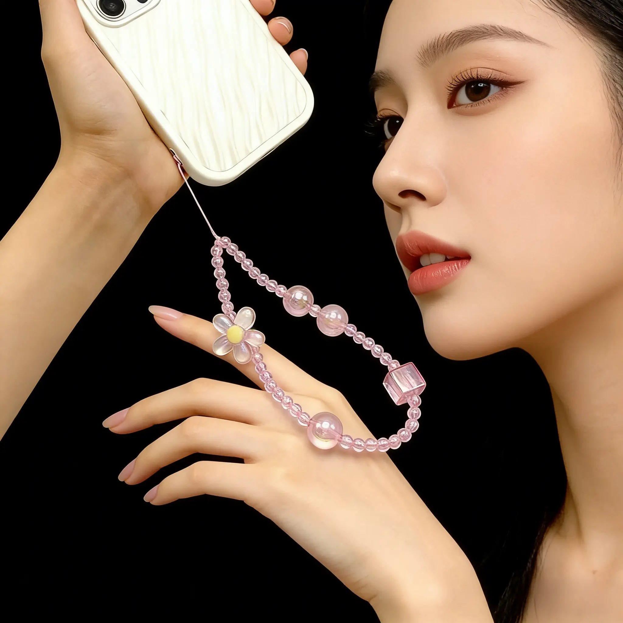 Women's Aesthetic 2-Pcs Pearl Beaded Phone Charm Straps - Universal Wrist Straps, Camera Lanyards, Chain String Accessories for iPhone 16 Pro Max, Samsung Phones, Bags, Keychains (Beach Style) Pink