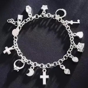Bohemian Heart & Key Charm Bracelet for Women, Silver-Tone Bangle with 13 Pendants, Elegant Fashion Jewelry Birthday Gift, Charm Bracelets