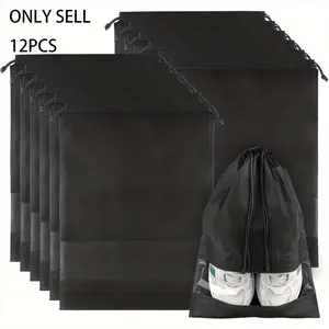 12pcs Large Black Travel Shoe Bags with Drawstring - Durable, Foldable & Reusable Non-Woven Fabric Organizer for Men's & Women's Footwear, Transparent Window Design for Easy Identification, Shoes Bag