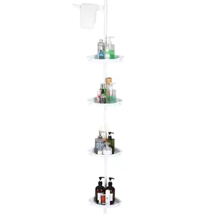 Garvee 4-Tier Adjustable Corner Shower Caddy Tension Pole - No-Drill Standing Bathroom Organizer Rack for Shampoo, Soap & Shower Supplies, Fits 101-122 Inch, White