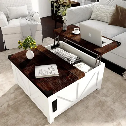 Farmhouse Lift Top Coffee Table - Industrial Wooden Table with 23.6" Desk Lift, Hidden Storage, Charging Station, USB Ports, Stable 3" Base, Living Room Decor, Apartment Furniture, Home Goods for Living Room, Home Office