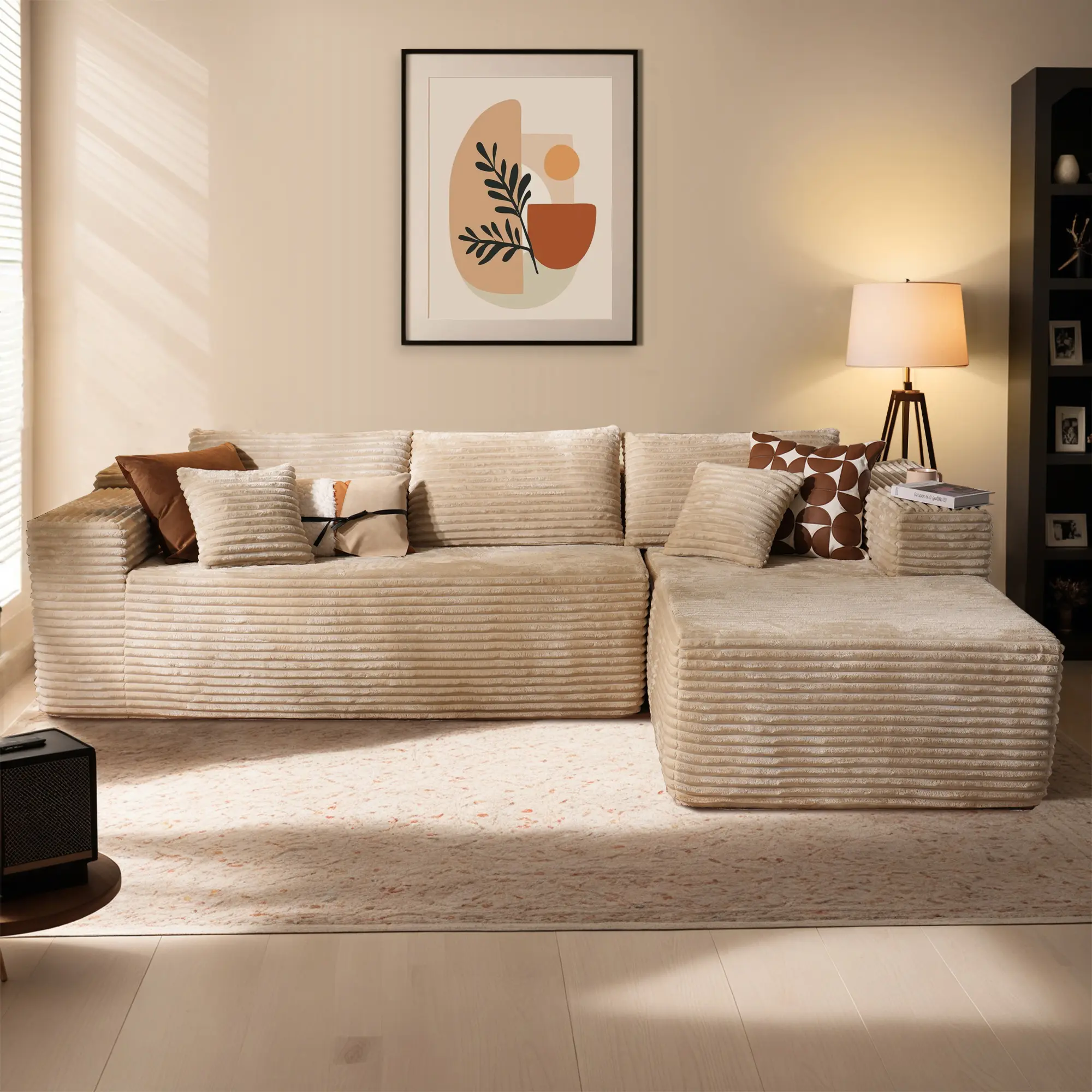 Beige Plush Corduroy Right Chaise