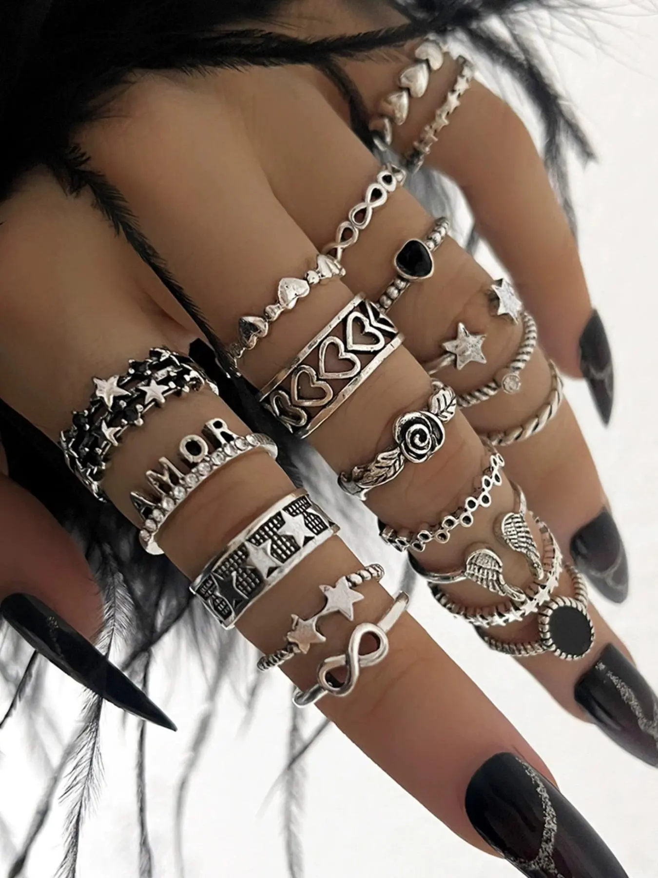 Vintage Punk Heart & Wing & Star Design Ring Set, Stackable Rings, Stacking Ring Set, Adjustable Rings, Fashion Jewelry for Party, Daily Clothing Decor, Trendy All-match & Exquisite Jewelry for Birthday Gift