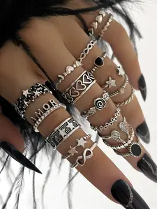 Vintage Punk Heart & Wing & Star Design Ring Set, Stackable Rings, Fashion Jewelry for Party, Daily Clothing Decor, Trendy All-match & Exquisite Jewelry for Birthday Gift