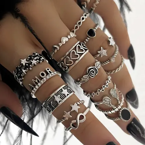 Vintage Punk Heart & Wing & Star Design Ring Set, Stackable Rings, Stacking Ring Set, Adjustable Rings, Fashion Jewelry for Party, Daily Clothing Decor, Trendy All-match & Exquisite Jewelry for Birthday Gift