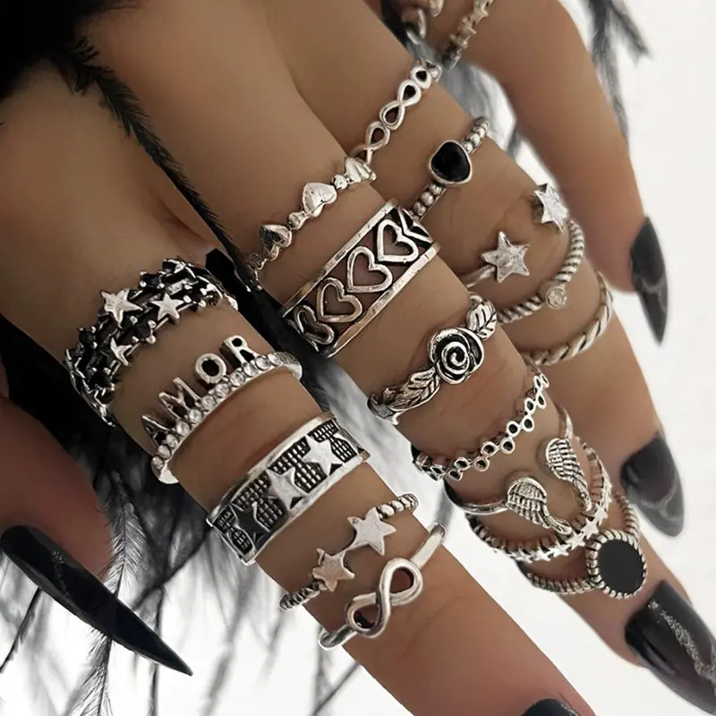 Vintage Punk Heart & Wing & Star Design Ring Set, Stackable Rings, Stacking Ring Set, Adjustable Rings, Fashion Jewelry for Party, Daily Clothing Decor, Trendy All-match & Exquisite Jewelry for Birthday Gift