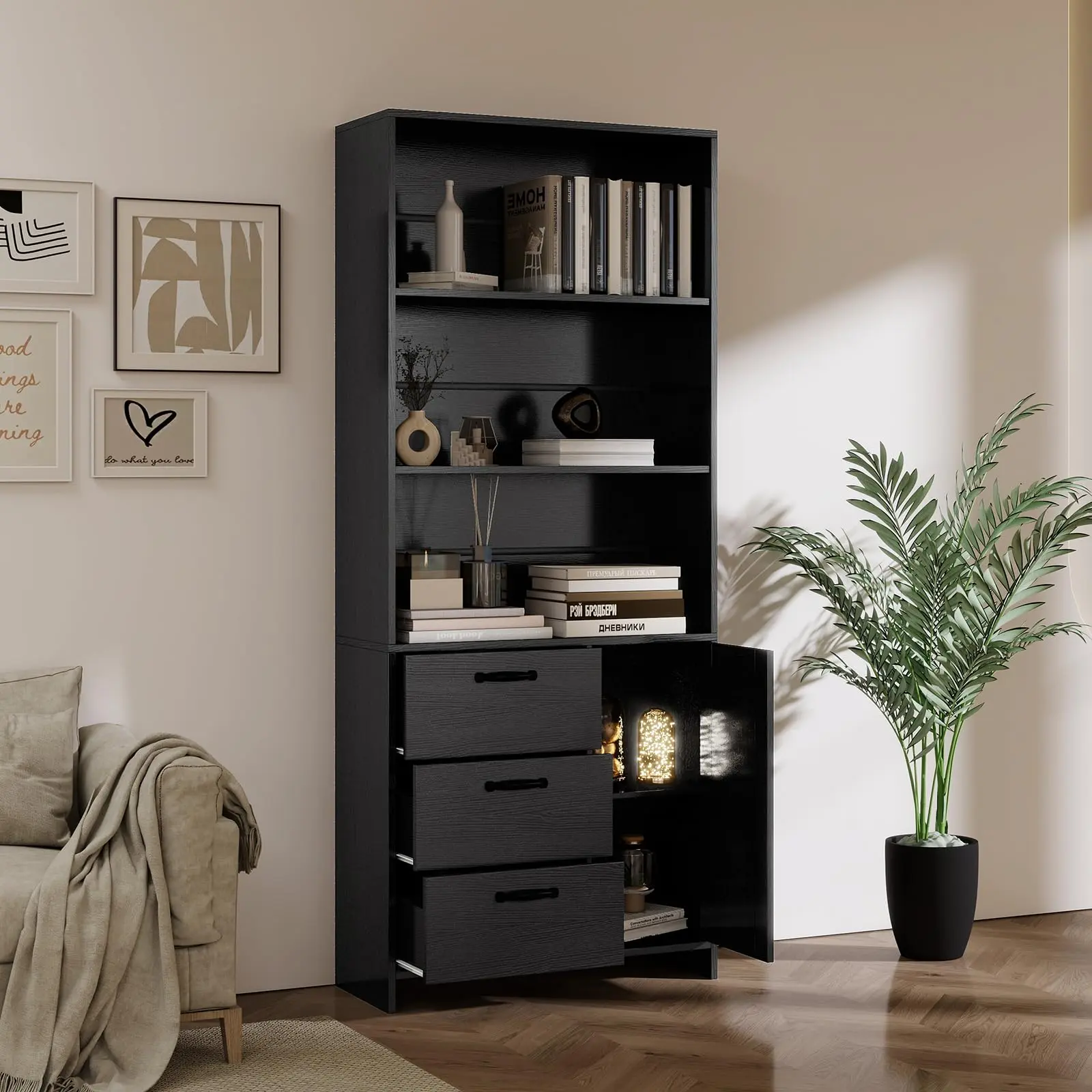GARVEE Sturdy 6-Tier Wooden Bookshelf - 71" Tall Bookcase with 3 Open Shelves, 3 Drawers, and Storage Cabinet for Home Office, Living Room