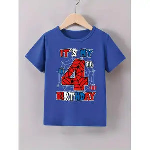 Boys' Spider-Themed 4th Birthday T-Shirt - Blue Short Sleeve Tee with Red Spider Web & Gift Box Design, Perfect for Daily Wear & Outdoor Fun, Birthday Shirts, Playful Kids Design, Comfortable Kids Wear