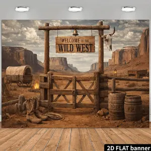 2D Flat Banner Polyester Photography Backdrop, HD Digitally Printed Wild West Desert Landscape Background Cloth with Wooden Gate, Covered Wagon, and Cowboy Boots, Soft Lightweight Foldable Photo Background for Western Themed Parti