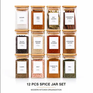 Modern Square Spice Jars – 12-Piece Kitchen Organization Set