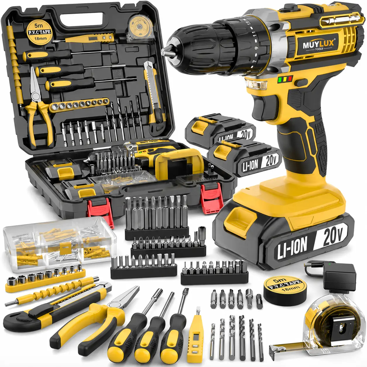 20V Cordless Impact Drill Tool Kit with 2 Li-Ion Batteries, Carrying Case, Drill Bits, Sockets, Screwdrivers and Hand Tools, 18+3 Torque Settings, 2-Speed Power Drill Set for Home Repair, Furniture Assembly, Woodworking and DIY Projects