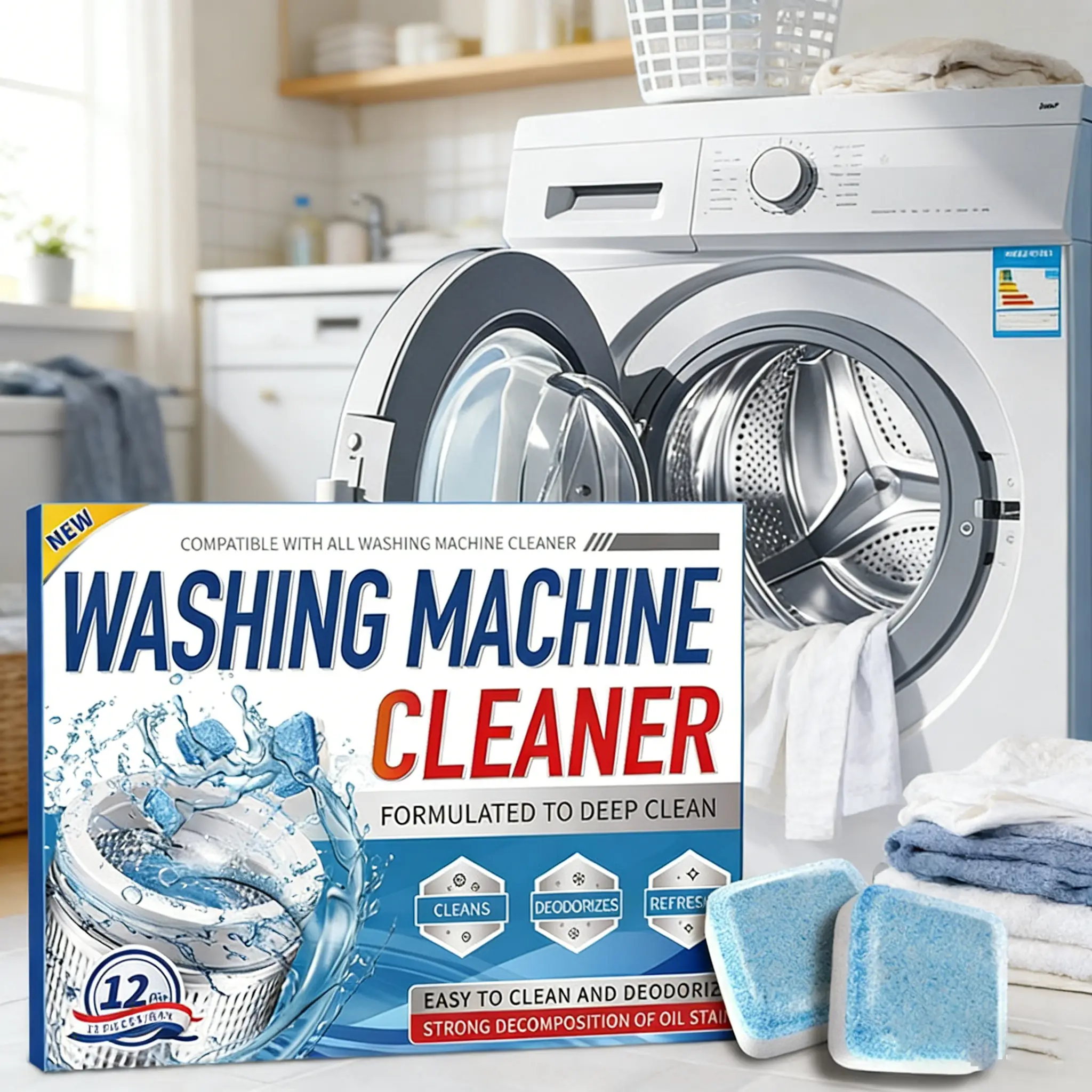 Washing Machine Cleaner Descaler 12 Pack - Deep Cleaning Tablets For HE Front Loader & Top Load Washer, Septic Safe Eco-Friendly Deodorizer, Clean Inside Drum And Laundry Tub Seal - 12 Month Supply Multifunction Strong Deodorization stain hacks
