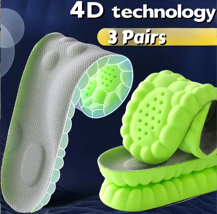 Unisex Extra Large Arch Support Insoles (3 Pairs) - Gel Memory Foam Cushions, 4D Cloud All-Season Height Boosters with PU Leather, for Athletic, Daily Wear, Work/Sports Footwear, Pad