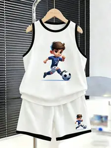 Summer Boys' Sport Set, Tank Top and Shorts, Cartoon Football Print, Loose-Fit, Sporty Style, Two-Piece for Kids