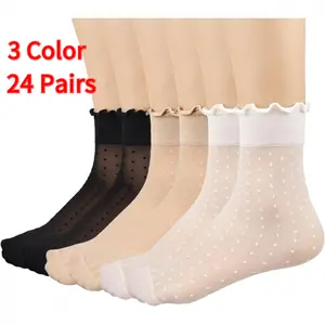 24 Pairs Women's Sheer Ruffle Socks - Ultra Thin Low Cut Ankle Nude Stockings with Ruffle Trim & Breathable Short Liner Suitable for Flats, Loafers, Office Work, Business Casual, Summer Cool See Through Socks