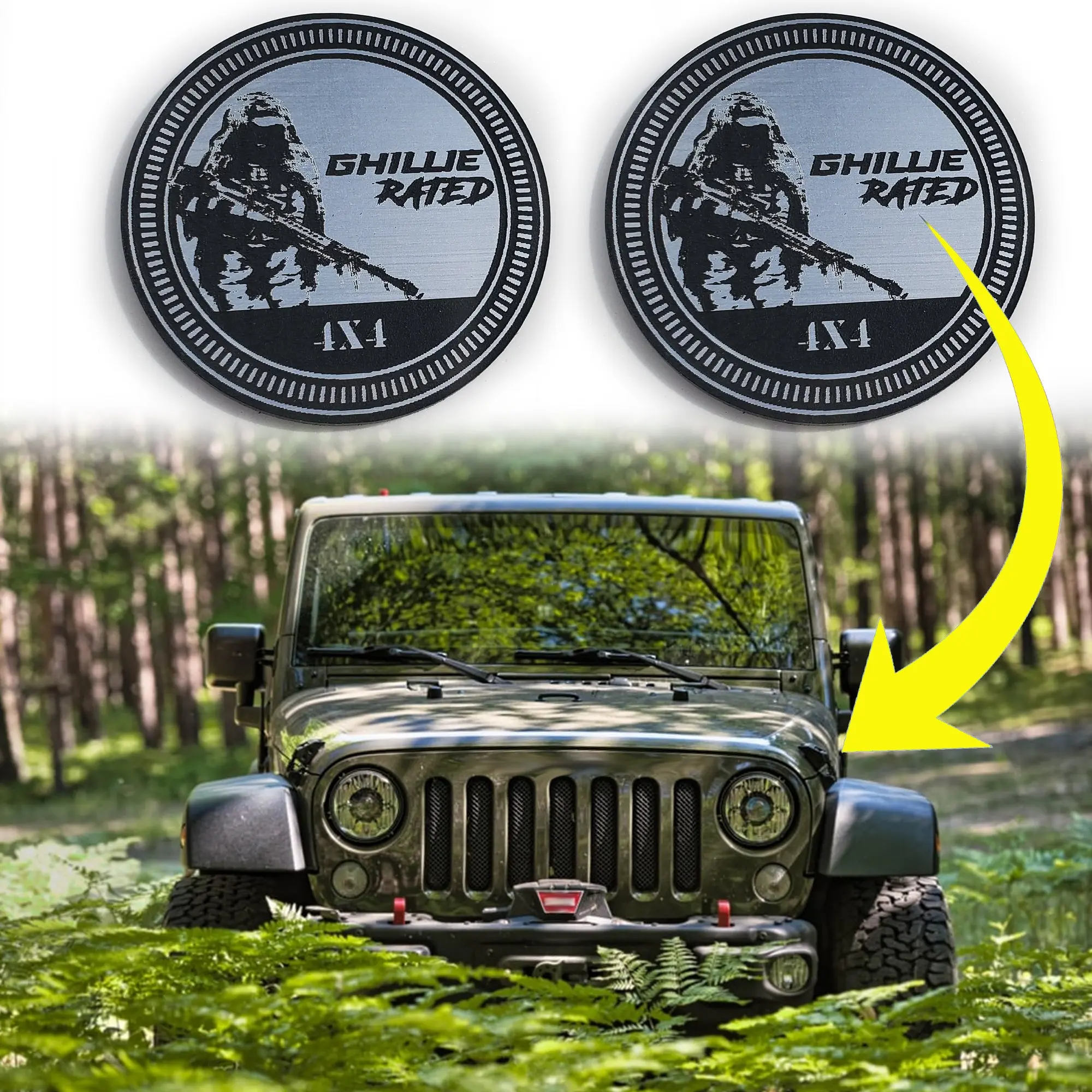Pair (2) GHILLIE Rated Fender Badges fits JEEP WRANGLER YJ JL JK TJ CJ emblems