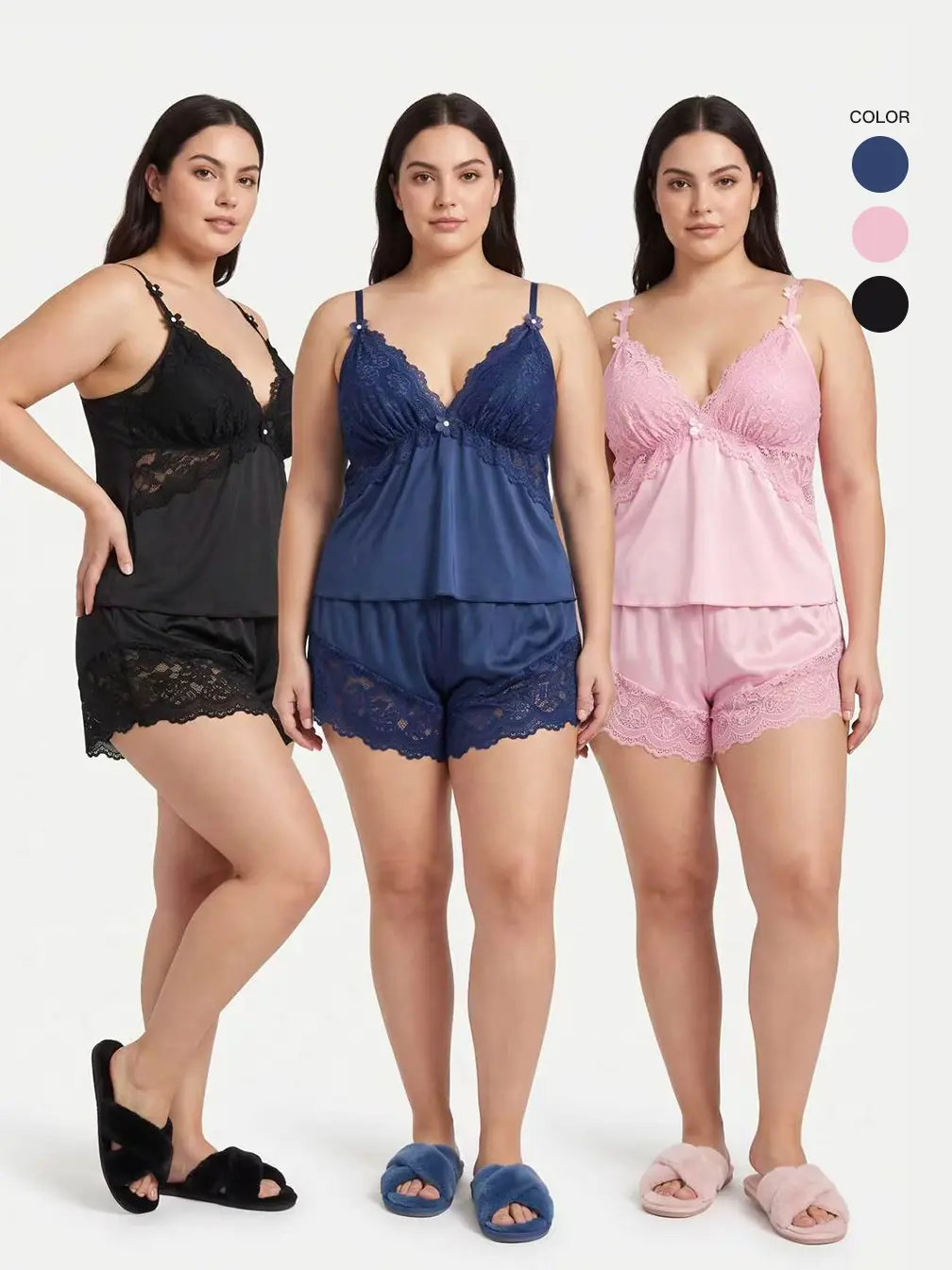 AVTKV Women's 3-Pack Lace Trim Plus Size Cami Set - Cozy Soft Adjustable Strap Cami Top & Shorts, Breathable Nightwear, Machine Washable All-Season Sleepwear Loungewear for Valentine's Day, Basic Black Minimalist Fit