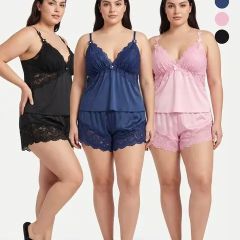 AVTKV Women's 3-Pack Lacy Cami Top & Shorts Pajama Sets for Women - Lingerie Style, Adjustable Straps, Cozy Soft Breathable Lightweight Drape Fabric, Moderate Stretch, Move Easy, Machine Washable All-Season Plus Size Sleepwear Loungewear