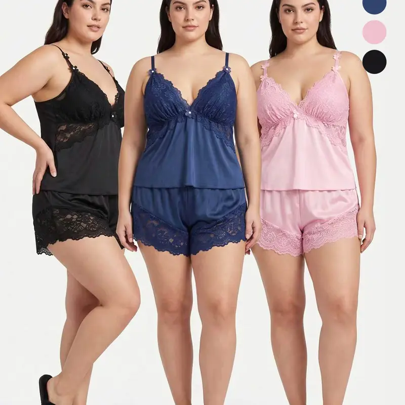 AVTKV Women's 3-Pack Lacy Cami Top & Shorts Pajama Sets for Women - Lingerie Style, Adjustable Straps, Cozy Soft Breathable Lightweight Drape Fabric, Moderate Stretch, Move Easy, Machine Washable All-Season Plus Size Sleepwear Loungewear