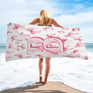 Custom Initial Letter B C D F G H K N P and Pink Bow Beach Towel, Soft and Durable Absorbent, Sweet Butterfly Print, Ideal for Summer Travel, Perfect Gift for Vacation Lovers
