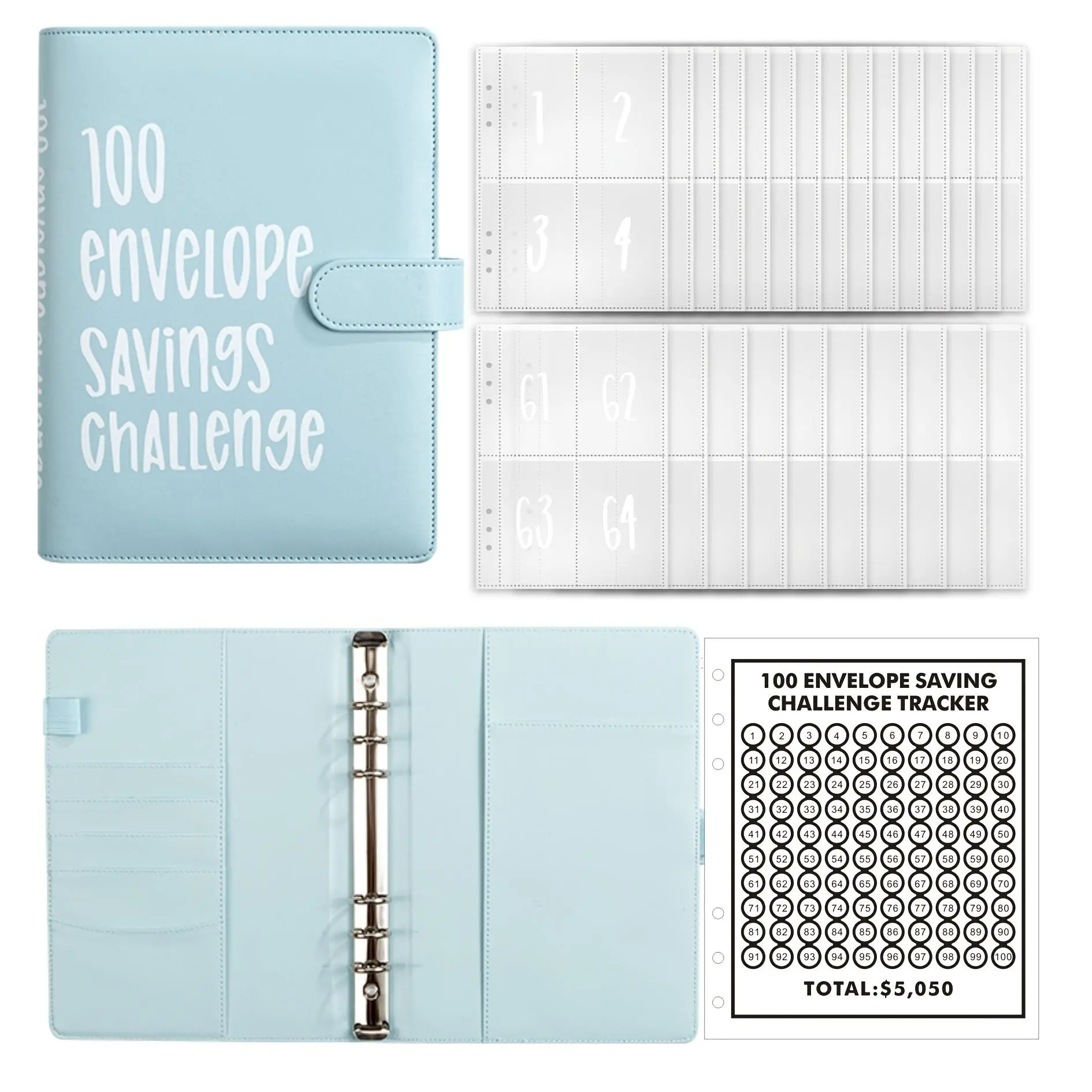 100 Envelopes Saving Challenge Binder - A5 Money Organizer with Zipper Closure, Cash Envelope System for Budgeting & Financial Planning, Save $5050 Easily!, Budget Organizer | Practical Design | Versatile Storage, Money Saving Challenge Book