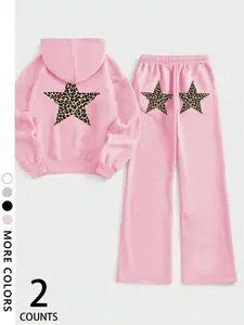 Women's Y2K Leopard Print Hoodie & Long Pants Set, Street Fashion, Casual Flow, Lightweight, Women's Clothing, Casual Loungewear Set