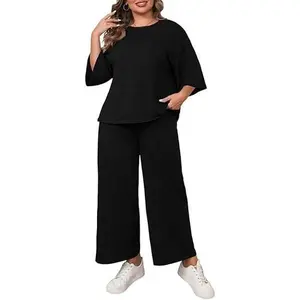 Tankaneo Women's Plus Size 2 Piece Outfits 3/4 Sleeve Top & Wide Leg Pants Loungewear Pajamas Sets Casual Nightwear Soft Fitted Loose Fit Check Lightweight Basic Minimalist Black