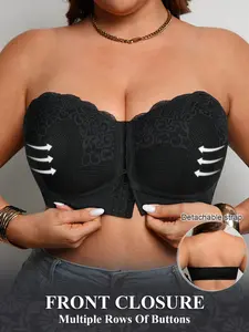 Women's Plus Size Strapless Lace Wireless Bra, Front Buckle Easy to Wear Unlined Non-Slip Comfortable & Breathable Bandeau, Detachable Straps, , off-shoulder Dates Wear