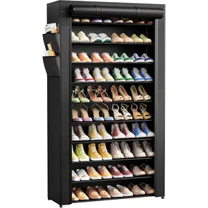 Shoe Rack - 10-Tier Shoe Organizer with Zippered Dust Cover & Side Pockets, Easy to Assemble, Space Saving Shoe Rack for Closet, Entryway, Living Room, 33" x 12.4" x 69.3", Black