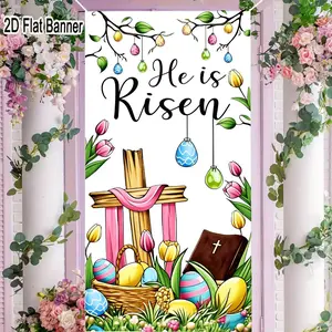 2D flat banner, 1pcEaster Decorations Set, He Is Risen Cross Backdrop, Hanging Pastel Eggs, Tulips, Wicker Basket for Christian Easter Party Decorgalentines party decor, valentine day decor, decorations for valentines day