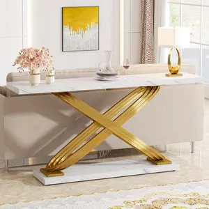 Tribesigns 55" Gold Console Table, Modern Faux Marble Entryway Table with Geometric Metal Base, Long Foyer Sofa Table for Living Room, Hallway, Entrance, Gold & White