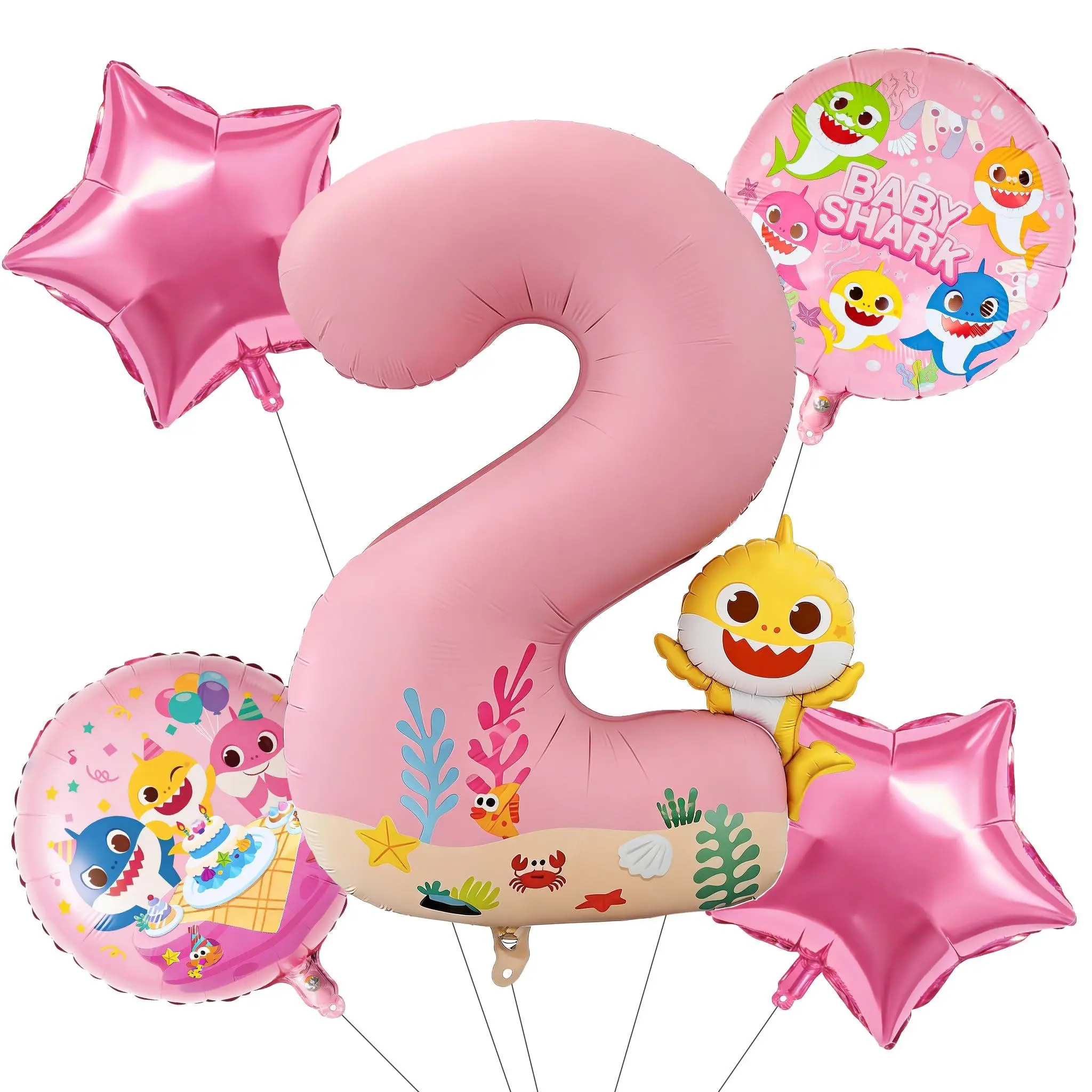 PartyWoo Pink Baby Shark-Themed Foil Round Star Mylar Number 2 Balloons (5pcs) - Festive Supplies for Kids' 2nd, First Birthday Decorations, Baby Shower Under the Sea Ocean