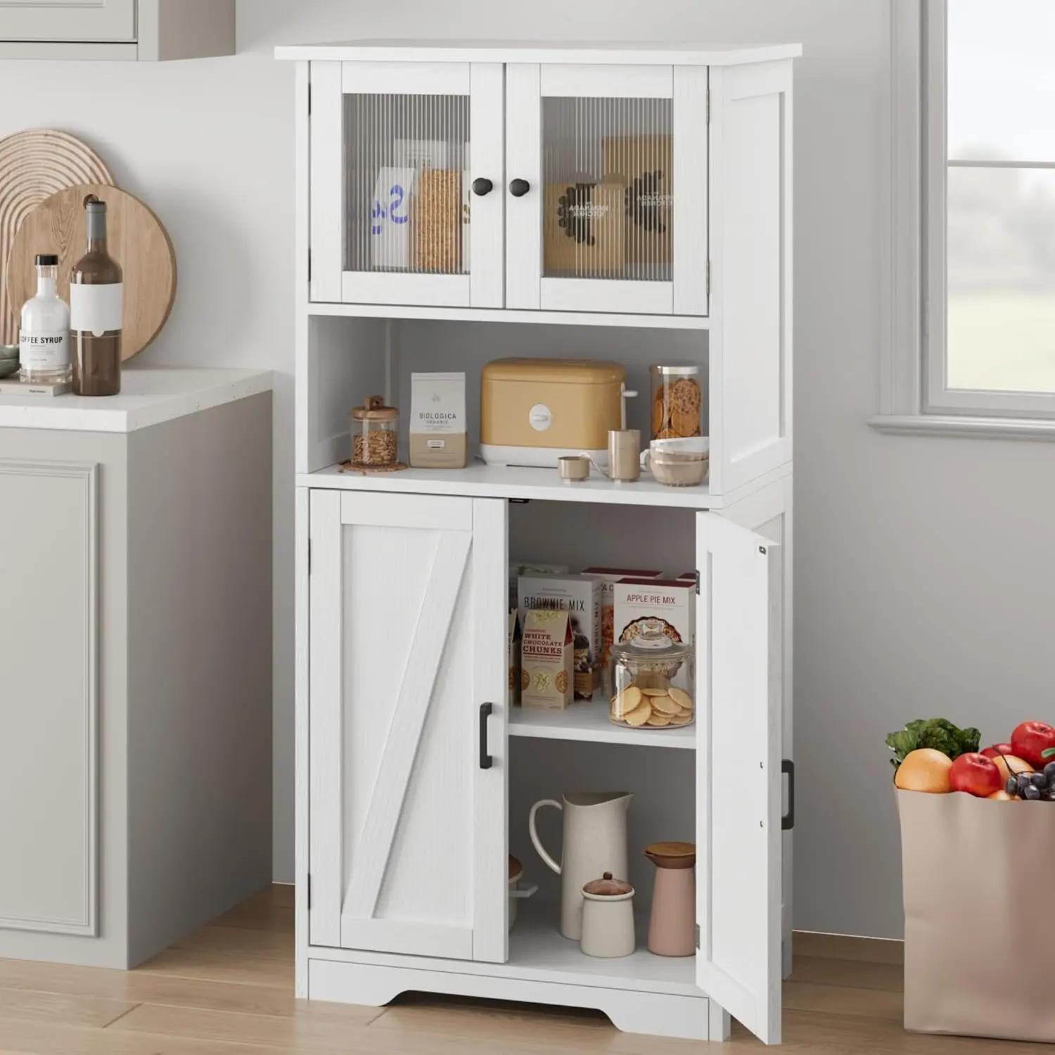 White 50.4" Freestanding MDF Board Food Pantry Cabinet with Fluted Glass Doors, Adjustable Shelves, Large Cupboard for Kitchen, Bathroom Storage Cabinet & Laundry Room Use