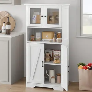 White 50.4" Freestanding Pantry Cabinet with Glass Doors, Adjustable Shelves, Large Storage Cupboard for Kitchen Bathroom Living Room