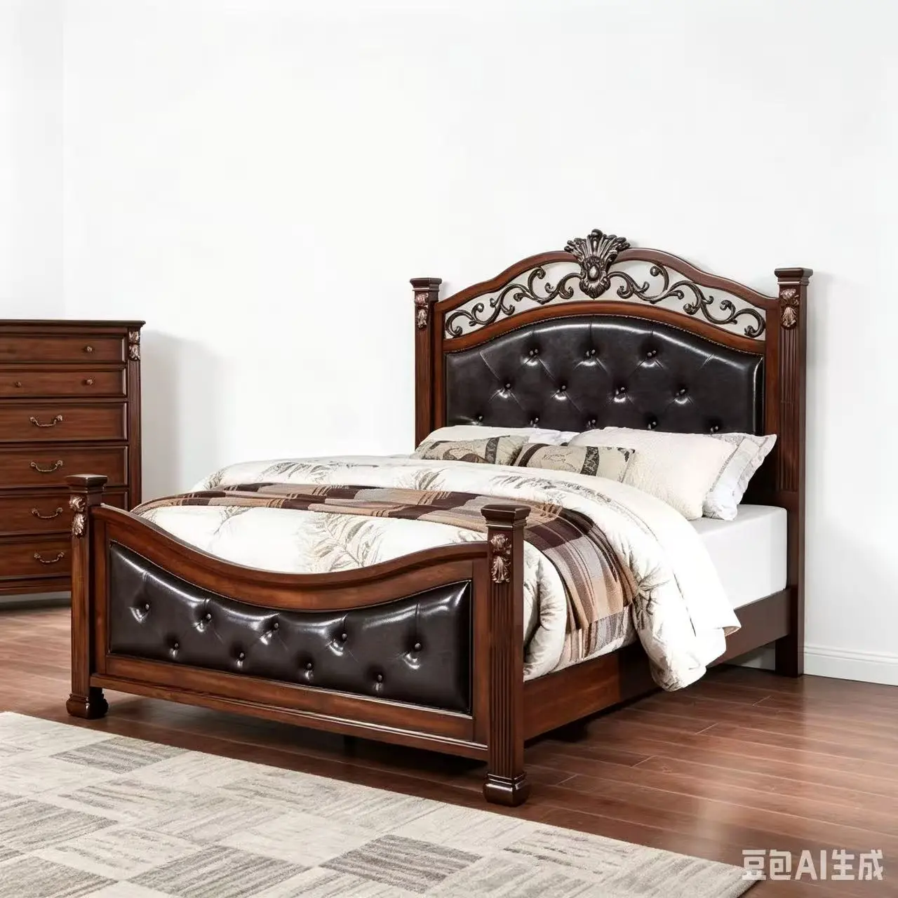 Bellemave 1pc Dark Cherry Eastern Bed Frame with Tufted Faux Leather Upholstered Headboard & Footboard, Traditional Molding Design - Luxury Leather-Style Bed Frames
